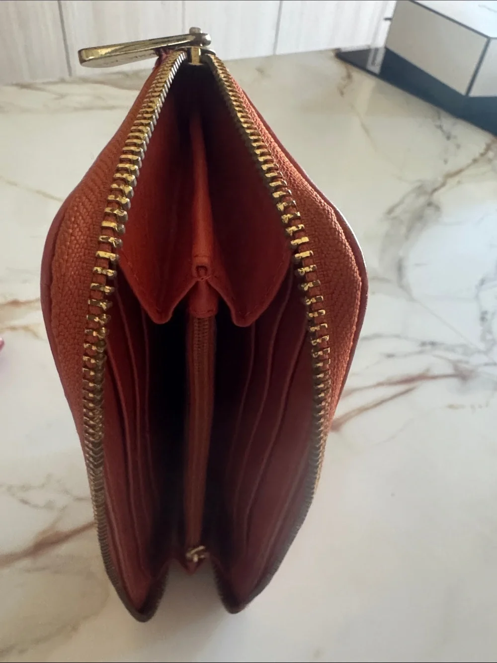 Michael Kors Brick Red Leather Zip-Around Wallet with Gold Plaque